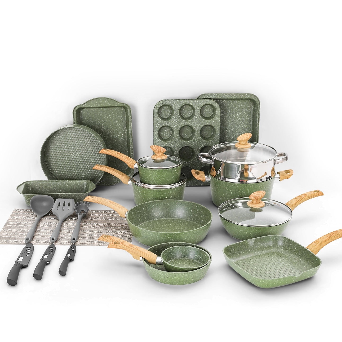 Ensemble de 30 pièces pour cuisine, comprenant des casseroles et poêles en granit, antiadhésives.