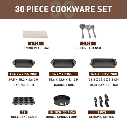 Ensemble de 30 pièces pour cuisine, comprenant des casseroles et poêles en granit, antiadhésives.