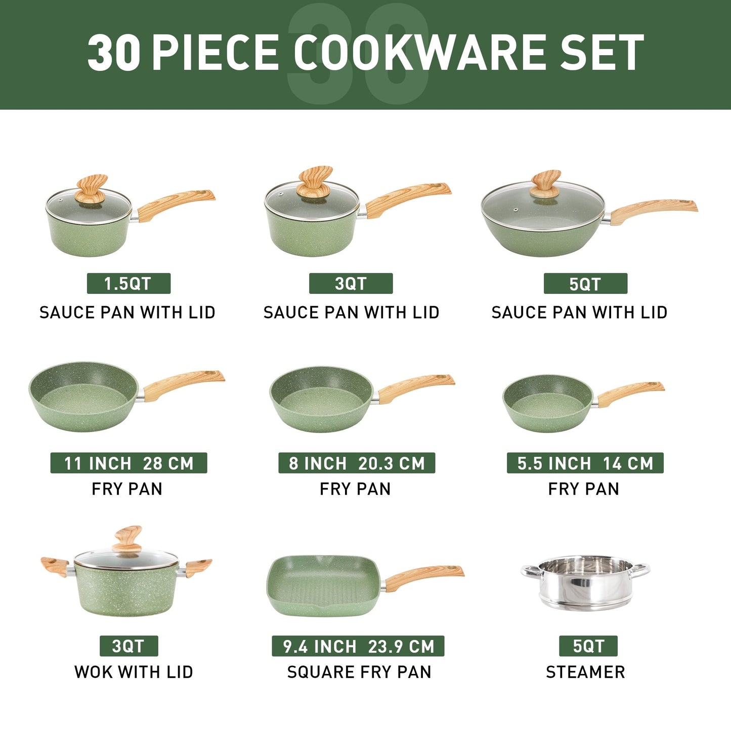 Ensemble de 30 pièces pour cuisine, comprenant des casseroles et poêles en granit, antiadhésives.