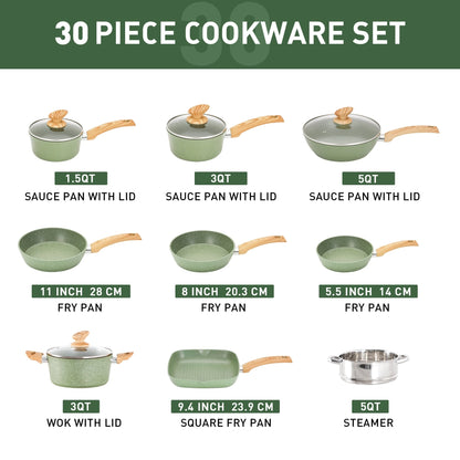 Ensemble de 30 pièces pour cuisine, comprenant des casseroles et poêles en granit, antiadhésives.