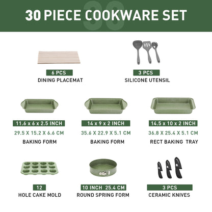 Ensemble de 30 pièces pour cuisine, comprenant des casseroles et poêles en granit, antiadhésives.