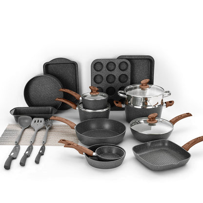 Ensemble de 30 pièces pour cuisine, comprenant des casseroles et poêles en granit, antiadhésives.