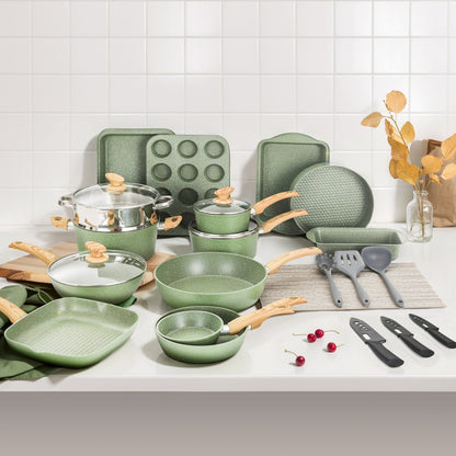 Ensemble de 30 pièces pour cuisine, comprenant des casseroles et poêles en granit, antiadhésives.