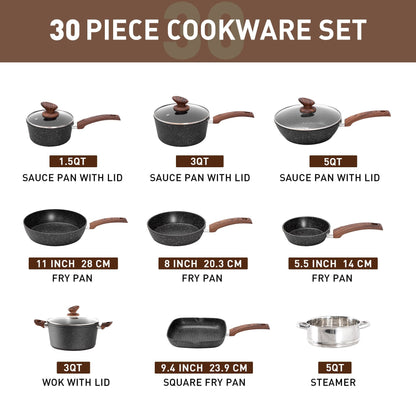 Ensemble de 30 pièces pour cuisine, comprenant des casseroles et poêles en granit, antiadhésives.