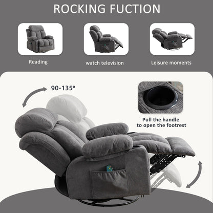 Fauteuil inclinable pivotant à 360° avec massage, chauffage, USB et porte-gobelets