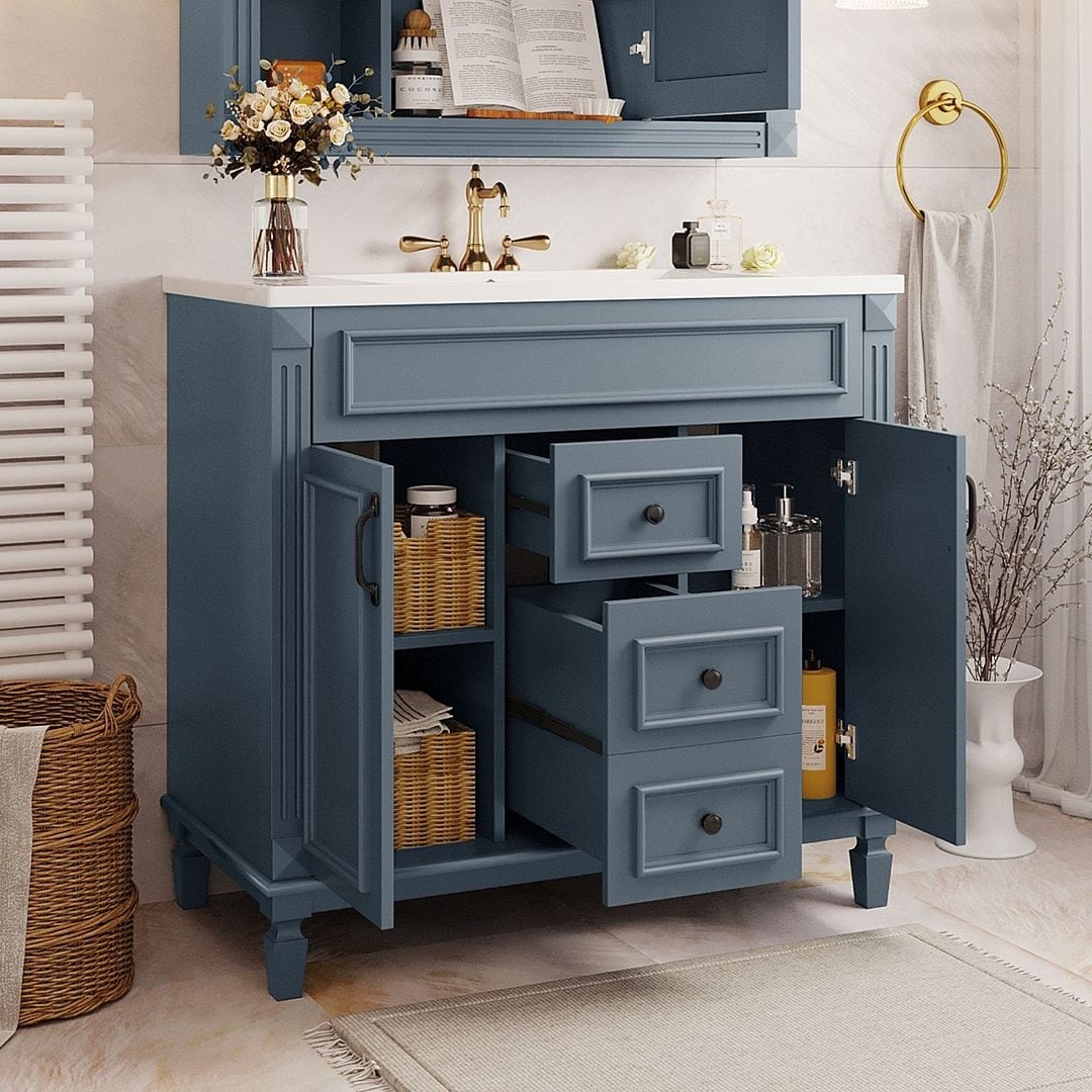 Meuble-lavabo moderne de 91 cm (36 pouces) pour salle de bain avec lavabo intégré et armoire à miroir, 2 portes et 2 tiroirs