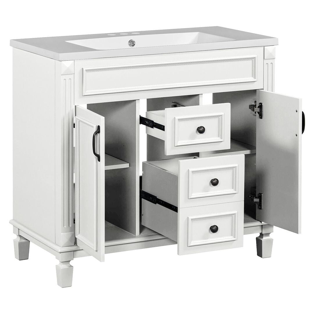 Meuble-lavabo moderne de 91 cm (36 pouces) pour salle de bain avec lavabo intégré et armoire à miroir, 2 portes et 2 tiroirs