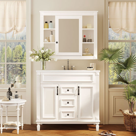 Meuble-lavabo moderne de 91 cm (36 pouces) pour salle de bain avec lavabo intégré et armoire à miroir, 2 portes et 2 tiroirs