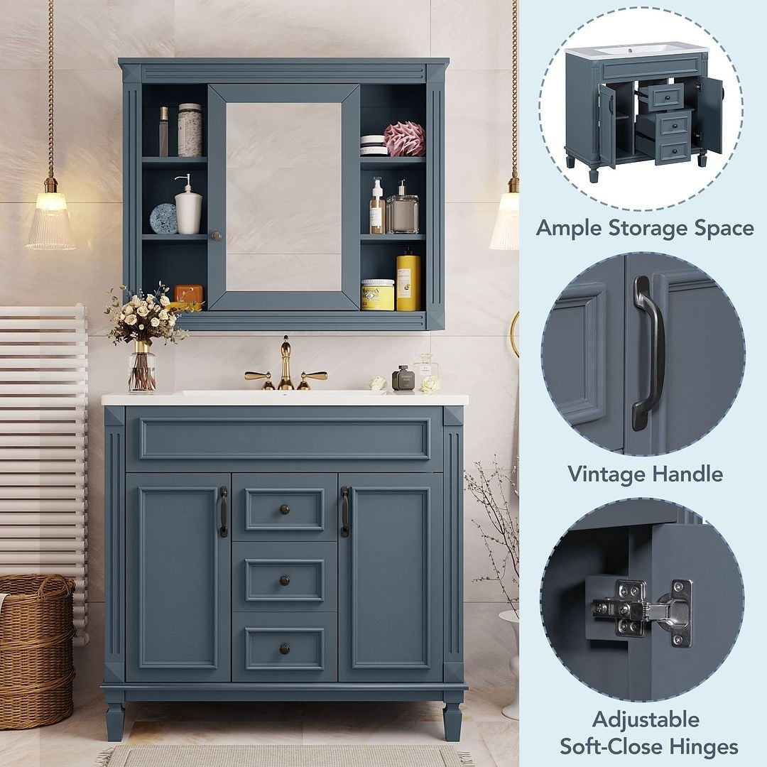 Meuble-lavabo moderne de 91 cm (36 pouces) pour salle de bain avec lavabo intégré et armoire à miroir, 2 portes et 2 tiroirs