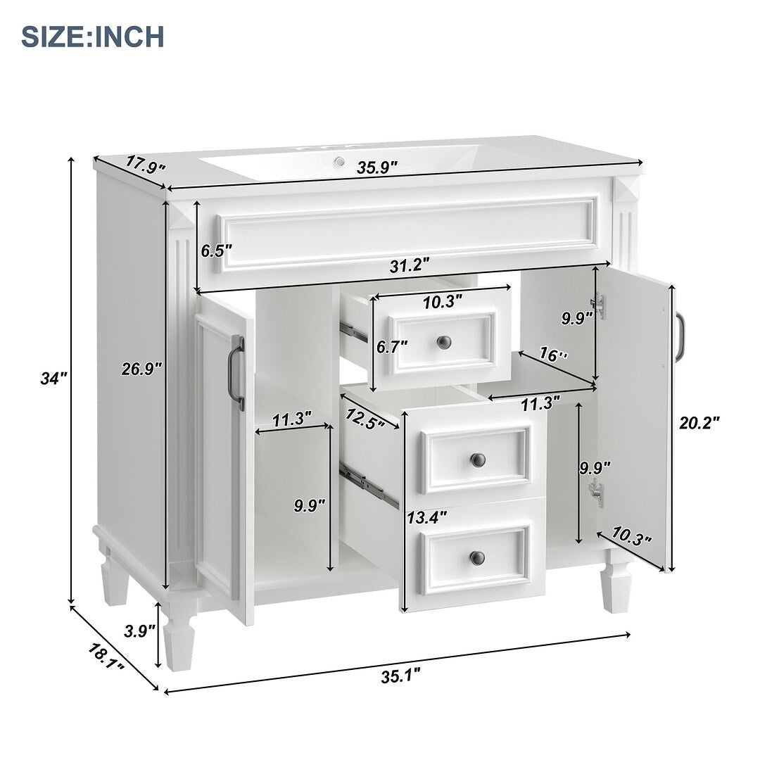 Meuble-lavabo moderne de 91 cm (36 pouces) pour salle de bain avec lavabo intégré et armoire à miroir, 2 portes et 2 tiroirs