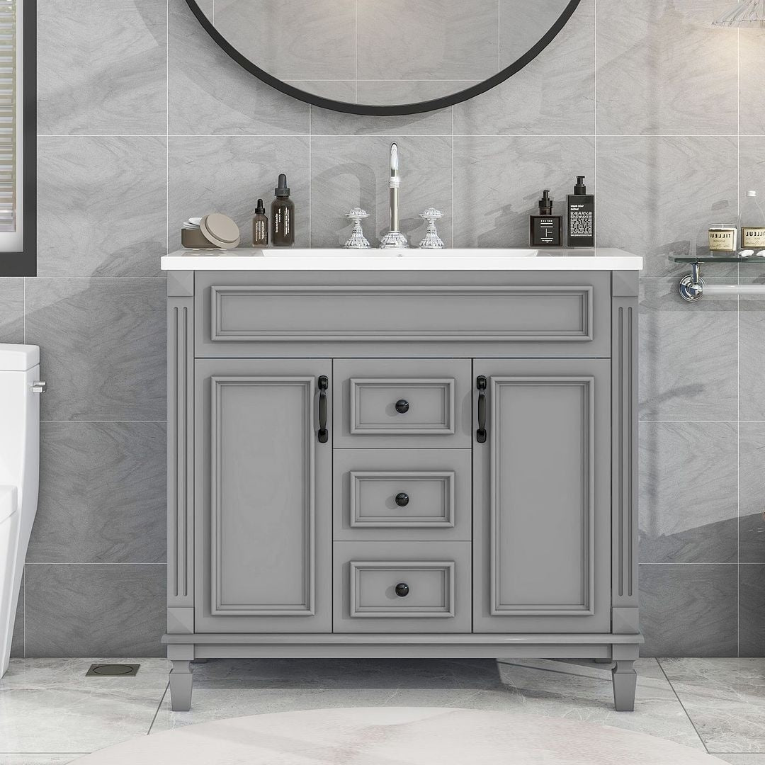Meuble-lavabo moderne de 91 cm (36 pouces) pour salle de bain avec lavabo intégré et armoire à miroir, 2 portes et 2 tiroirs
