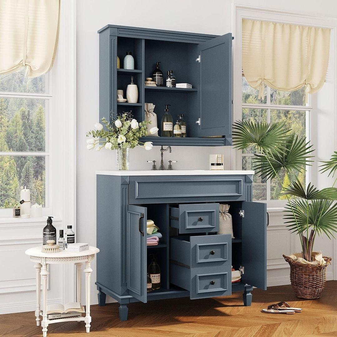 Meuble-lavabo moderne de 91 cm (36 pouces) pour salle de bain avec lavabo intégré et armoire à miroir, 2 portes et 2 tiroirs