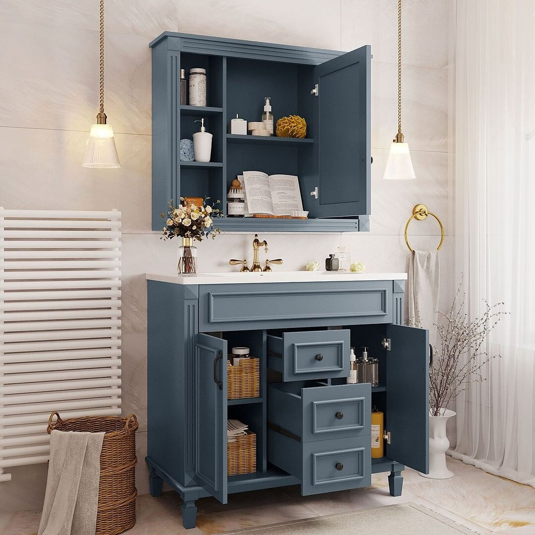 Meuble-lavabo moderne de 91 cm (36 pouces) pour salle de bain avec lavabo intégré et armoire à miroir, 2 portes et 2 tiroirs