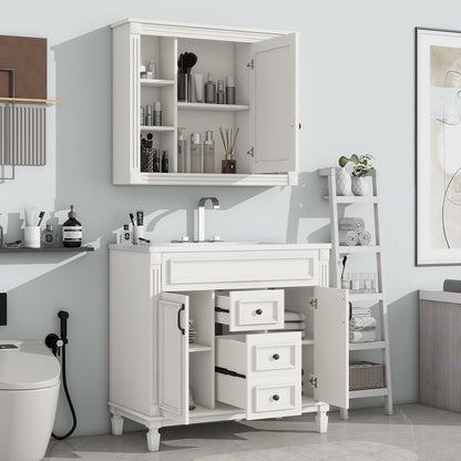 Meuble-lavabo moderne de 91 cm (36 pouces) pour salle de bain avec lavabo intégré et armoire à miroir, 2 portes et 2 tiroirs