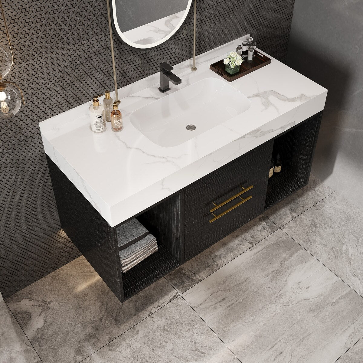 Meuble-lavabo suspendu de 39,4 pouces avec lavabo en céramique, meuble mural avec 2 tiroirs à fermeture amortie et plateau en ardoise blanche - 39'4 x 18'9