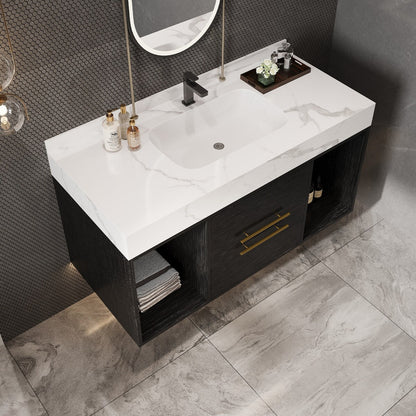 Meuble-lavabo suspendu de 39,4 pouces avec lavabo en céramique, meuble mural avec 2 tiroirs à fermeture amortie et plateau en ardoise blanche - 39'4 x 18'9