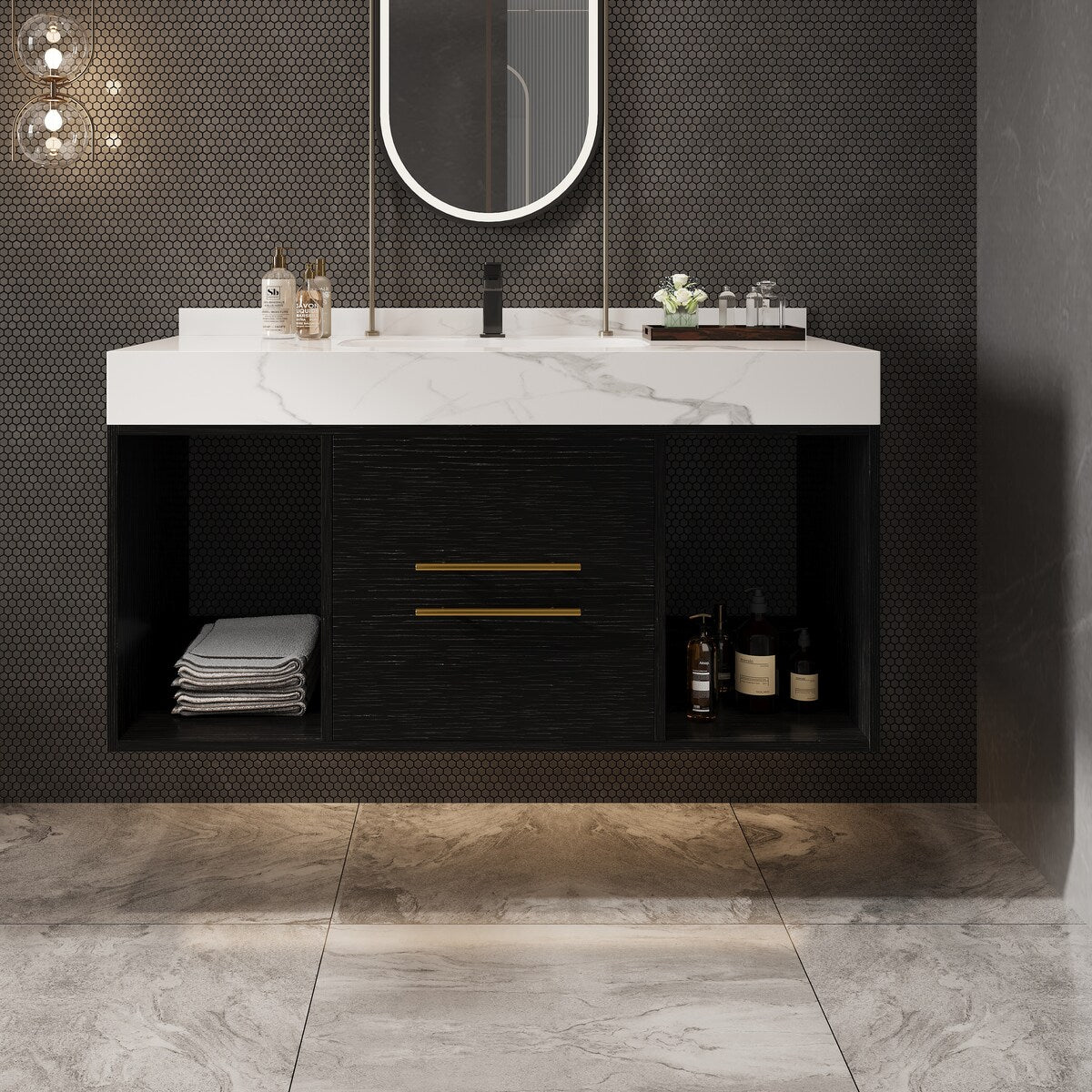 Meuble-lavabo suspendu de 39,4 pouces avec lavabo en céramique, meuble mural avec 2 tiroirs à fermeture amortie et plateau en ardoise blanche - 39'4 x 18'9