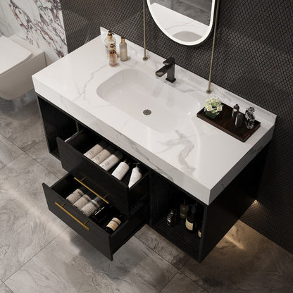 Meuble-lavabo suspendu de 39,4 pouces avec lavabo en céramique, meuble mural avec 2 tiroirs à fermeture amortie et plateau en ardoise blanche - 39'4 x 18'9