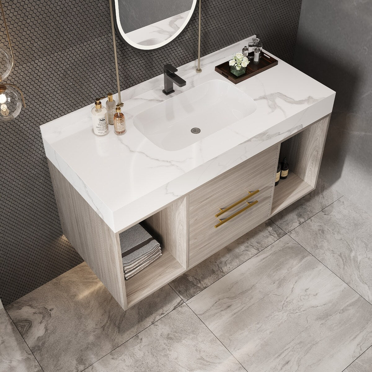 Meuble-lavabo suspendu de 39,4 pouces avec lavabo en céramique, meuble mural avec 2 tiroirs à fermeture amortie et plateau en ardoise blanche - 39'4 x 18'9