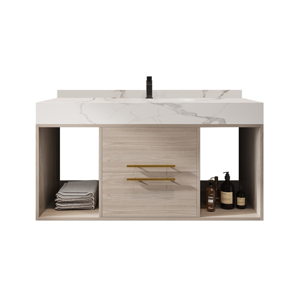 Meuble-lavabo suspendu de 39,4 pouces avec lavabo en céramique, meuble mural avec 2 tiroirs à fermeture amortie et plateau en ardoise blanche - 39'4 x 18'9