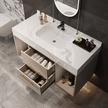 Meuble-lavabo suspendu de 39,4 pouces avec lavabo en céramique, meuble mural avec 2 tiroirs à fermeture amortie et plateau en ardoise blanche - 39'4 x 18'9