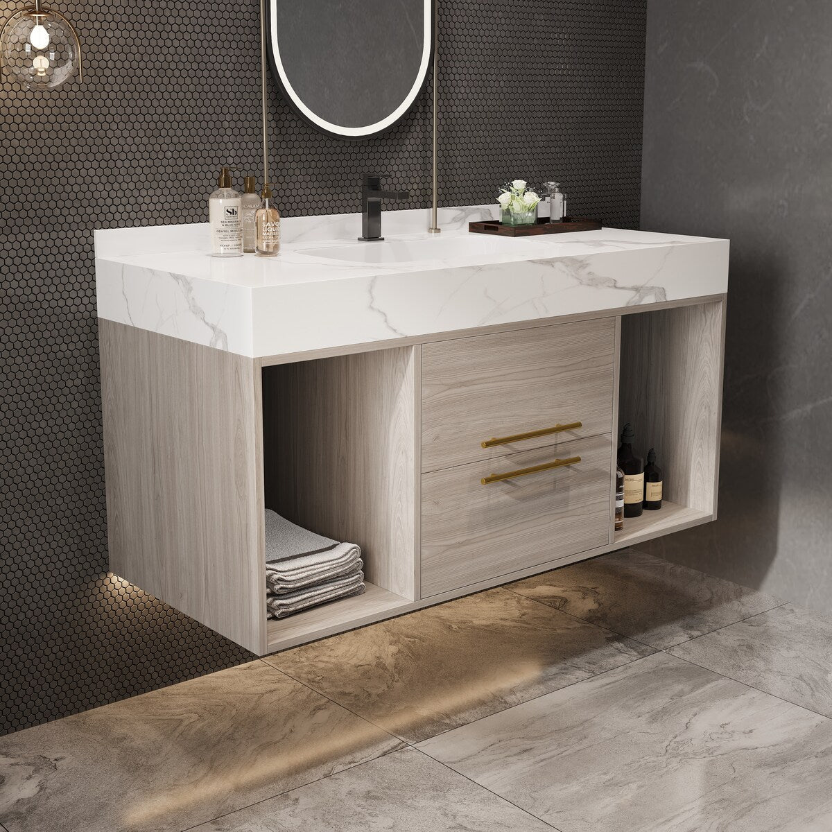 Meuble-lavabo suspendu de 39,4 pouces avec lavabo en céramique, meuble mural avec 2 tiroirs à fermeture amortie et plateau en ardoise blanche - 39'4 x 18'9