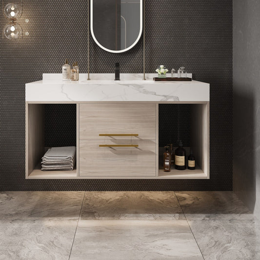 Meuble-lavabo suspendu de 39,4 pouces avec lavabo en céramique, meuble mural avec 2 tiroirs à fermeture amortie et plateau en ardoise blanche - 39'4 x 18'9