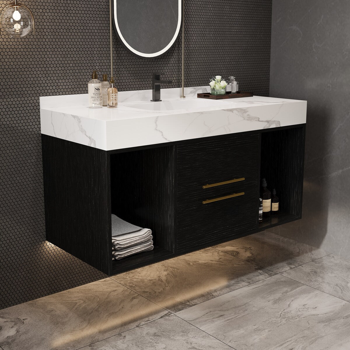 Meuble-lavabo suspendu de 39,4 pouces avec lavabo en céramique, meuble mural avec 2 tiroirs à fermeture amortie et plateau en ardoise blanche - 39'4 x 18'9