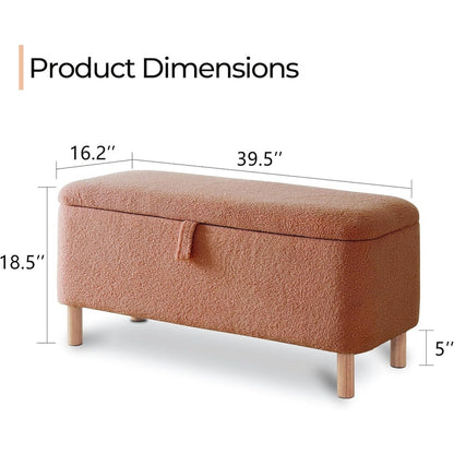 Tabouret de rangement en bouclé blanc cassé 39,5 pouces, pouf de rangement en sherpa, repose-pieds, pour salon, chambre à coucher, avec pieds en bois.