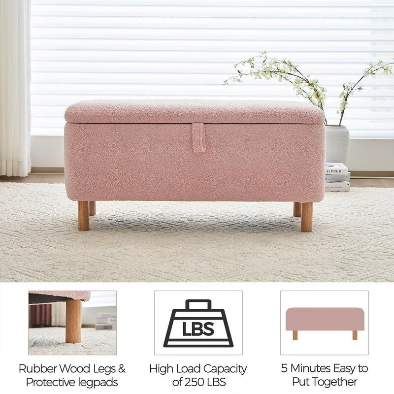 Tabouret de rangement en bouclé blanc cassé 39,5 pouces, pouf de rangement en sherpa, repose-pieds, pour salon, chambre à coucher, avec pieds en bois.