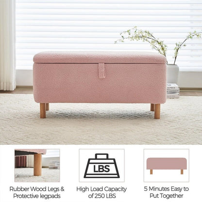 Tabouret de rangement en bouclé blanc cassé 39,5 pouces, pouf de rangement en sherpa, repose-pieds, pour salon, chambre à coucher, avec pieds en bois.