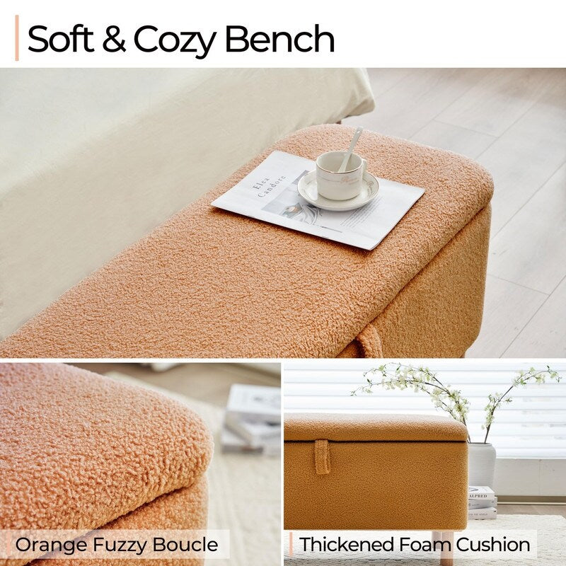 Tabouret de rangement en bouclé blanc cassé 39,5 pouces, pouf de rangement en sherpa, repose-pieds, pour salon, chambre à coucher, avec pieds en bois.