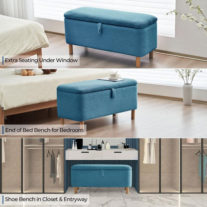 Tabouret de rangement en bouclé blanc cassé 39,5 pouces, pouf de rangement en sherpa, repose-pieds, pour salon, chambre à coucher, avec pieds en bois.