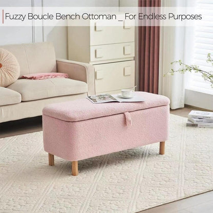 Tabouret de rangement en bouclé blanc cassé 39,5 pouces, pouf de rangement en sherpa, repose-pieds, pour salon, chambre à coucher, avec pieds en bois.