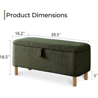 Tabouret de rangement en bouclé blanc cassé 39,5 pouces, pouf de rangement en sherpa, repose-pieds, pour salon, chambre à coucher, avec pieds en bois.