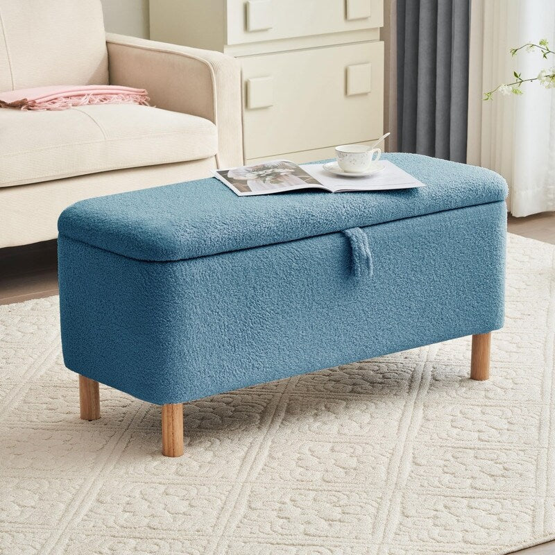Tabouret de rangement en bouclé blanc cassé 39,5 pouces, pouf de rangement en sherpa, repose-pieds, pour salon, chambre à coucher, avec pieds en bois.