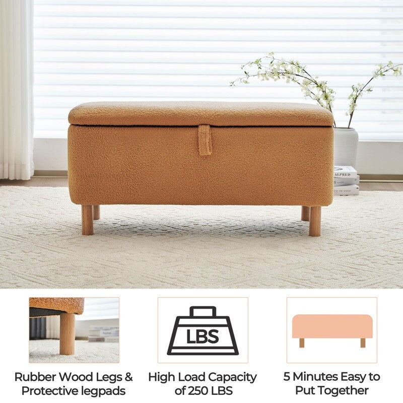 Tabouret de rangement en bouclé blanc cassé 39,5 pouces, pouf de rangement en sherpa, repose-pieds, pour salon, chambre à coucher, avec pieds en bois.
