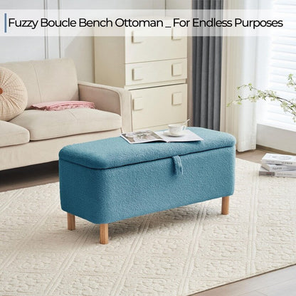 Tabouret de rangement en bouclé blanc cassé 39,5 pouces, pouf de rangement en sherpa, repose-pieds, pour salon, chambre à coucher, avec pieds en bois.