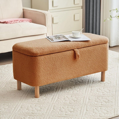 Tabouret de rangement en bouclé blanc cassé 39,5 pouces, pouf de rangement en sherpa, repose-pieds, pour salon, chambre à coucher, avec pieds en bois.