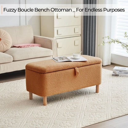 Tabouret de rangement en bouclé blanc cassé 39,5 pouces, pouf de rangement en sherpa, repose-pieds, pour salon, chambre à coucher, avec pieds en bois.