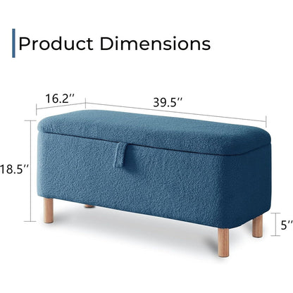 Tabouret de rangement en bouclé blanc cassé 39,5 pouces, pouf de rangement en sherpa, repose-pieds, pour salon, chambre à coucher, avec pieds en bois.