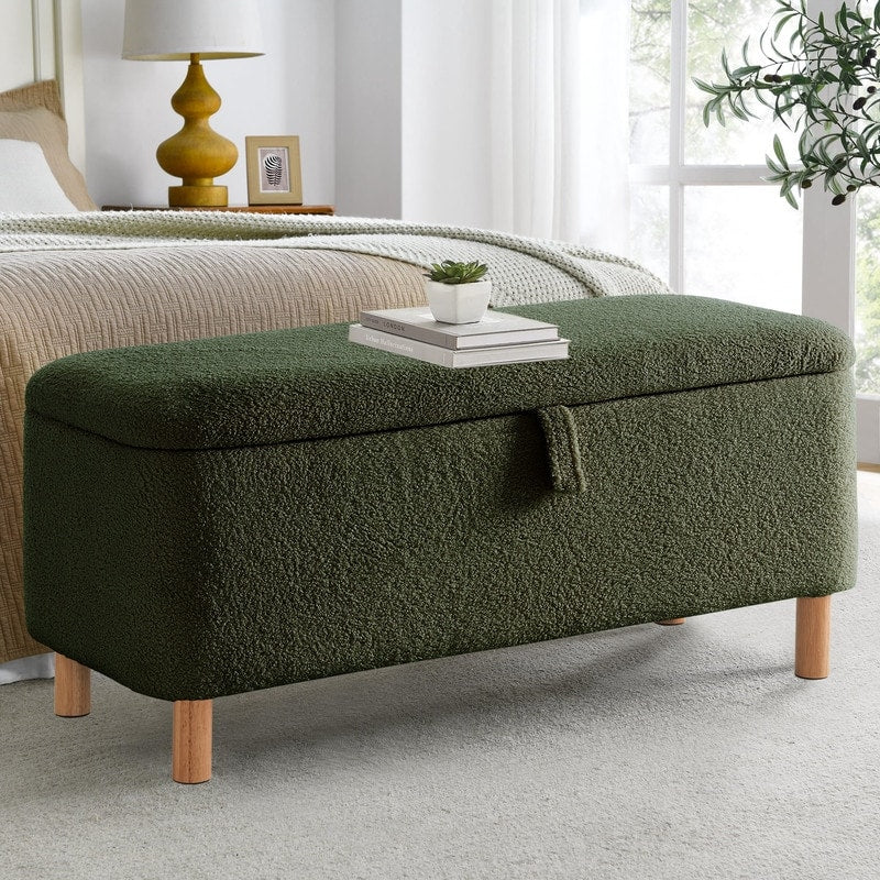 Tabouret de rangement en bouclé blanc cassé 39,5 pouces, pouf de rangement en sherpa, repose-pieds, pour salon, chambre à coucher, avec pieds en bois.