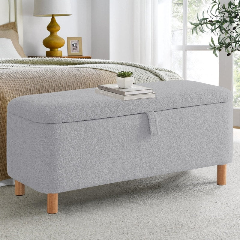 Tabouret de rangement en bouclé blanc cassé 39,5 pouces, pouf de rangement en sherpa, repose-pieds, pour salon, chambre à coucher, avec pieds en bois.