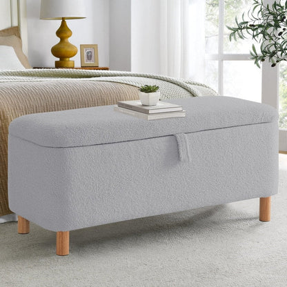 Tabouret de rangement en bouclé blanc cassé 39,5 pouces, pouf de rangement en sherpa, repose-pieds, pour salon, chambre à coucher, avec pieds en bois.