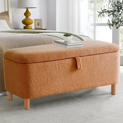 Tabouret de rangement en bouclé blanc cassé 39,5 pouces, pouf de rangement en sherpa, repose-pieds, pour salon, chambre à coucher, avec pieds en bois.