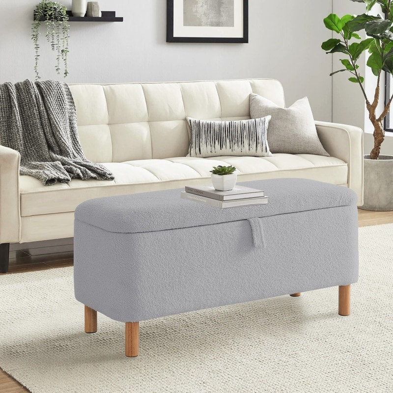 Tabouret de rangement en bouclé blanc cassé 39,5 pouces, pouf de rangement en sherpa, repose-pieds, pour salon, chambre à coucher, avec pieds en bois.