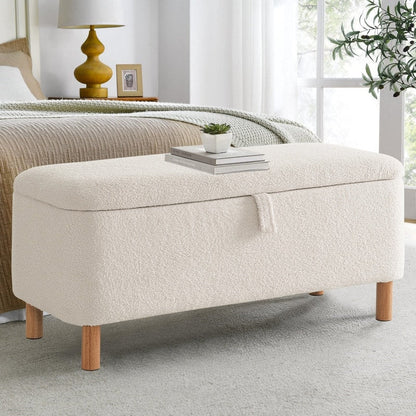 Tabouret de rangement en bouclé blanc cassé 39,5 pouces, pouf de rangement en sherpa, repose-pieds, pour salon, chambre à coucher, avec pieds en bois.