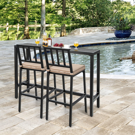 Ensemble table et chaises de bar de patio 3 pièces en métal avec coussins