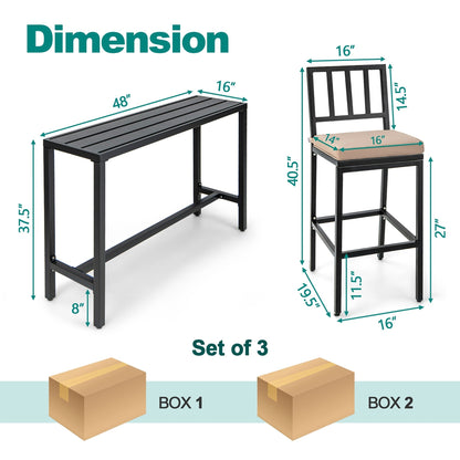 Ensemble table et chaises de bar de patio 3 pièces en métal avec coussins