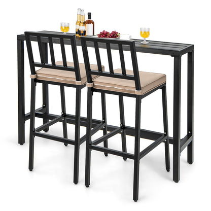 Ensemble table et chaises de bar de patio 3 pièces en métal avec coussins